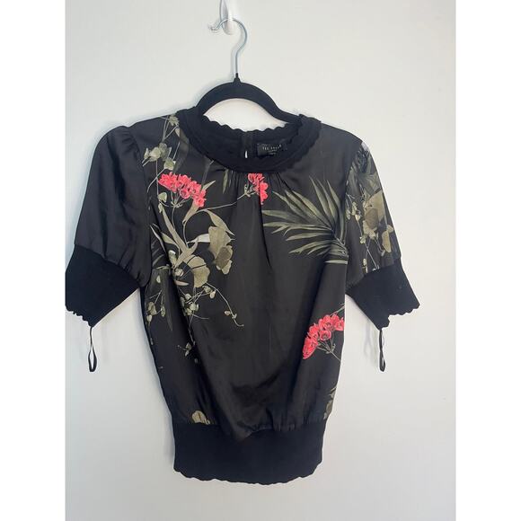 Ted Baker Floral Puff Sleeve Blouse Women Size 1 Black Red Tropical Top - Picture 1 of 7